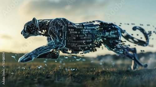 Craft a 3D rendering of a robotic cheetah sprinting across a digital savanna, embodying speed and agility with a trail of binary code flowing behind it