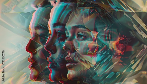 Capture the essence of anxiety in a digital glitch art piece, with a kaleidoscope of fragmented faces twisting into geometric shapesSet the scene with dramatic lighting angles photo
