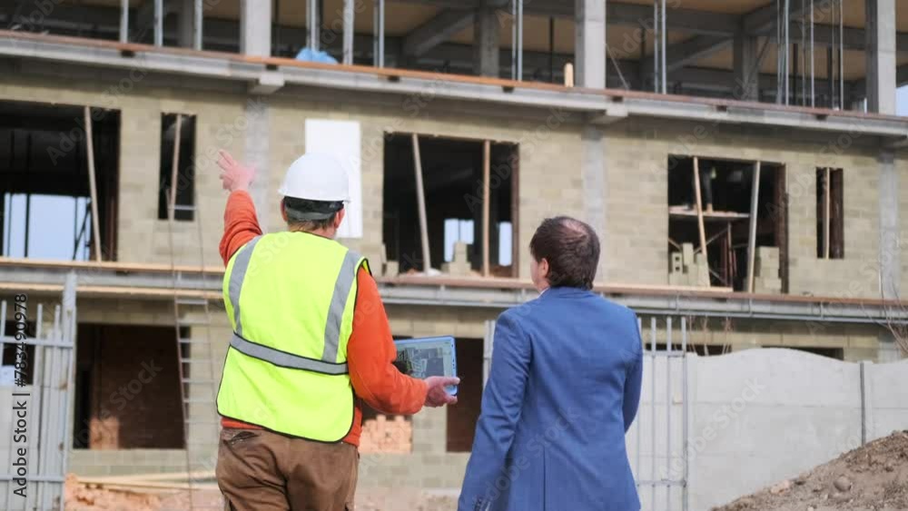 Two men, engineer foreman and businessman, move and communicate with each other on construction site, worker is gesturing and holding tablet showing an unfinished building. Two men, engineer foreman and businessman, move and communicate with each other on construction site, worker is gesturing and holding tablet showing an unfinished building.