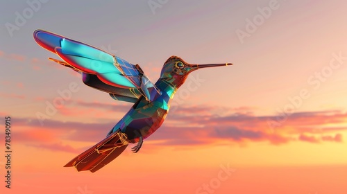 Capture a metallic, sleek hummingbird robot mid-flight against a vibrant sunrise sky in CG 3D rendering #783490915