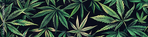 seamless pattern with green cannabis marijuana leaf on black background for fabric decor photo