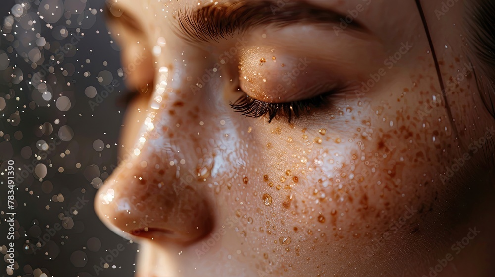 Close-up portrait capturing the sparkle of a refreshing facial mist being applied Close-up portrait capturing the sparkle of a refreshing facial mist being applied