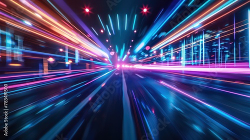 Abstract cyberpunk neon light speed lines background with a blur effect. Digital technology concept. Motion blurred light streaks on a dark background  high resolution.