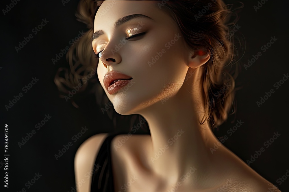 An elegant model with a subtle glow under classic softbox lighting An elegant model with a subtle glow under classic softbox lighting