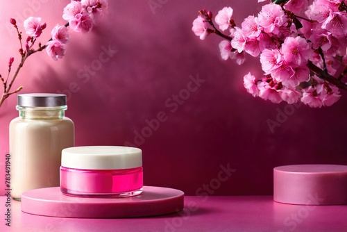 Product packaging mockup photo of Jar of cream and blossoming branch. Cream with extract of pink tree, studio advertising photoshoot