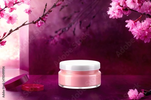 Product packaging mockup photo of Jar of cream and blossoming branch. Cream with extract of pink tree, studio advertising photoshoot