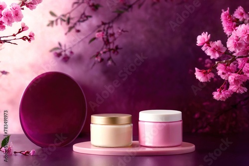 Product packaging mockup photo of Jar of cream and blossoming branch. Cream with extract of pink tree, studio advertising photoshoot