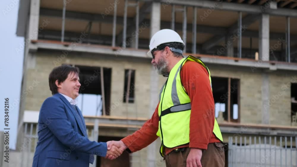 Smiling investor and worker shaking hands at construction site. Inspector in a suit while greeting a construction foreman. Smiling investor and worker shaking hands at construction site. Inspector in a suit while greeting a construction foreman.