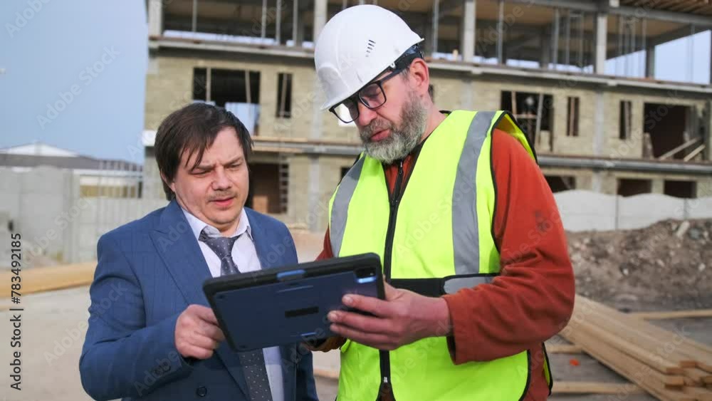 At construction site architect and contractor specialists analyzing plan of building site. Mid shot. Working meeting. At construction site architect and contractor specialists analyzing plan of building site. Mid shot. Working meeting.
