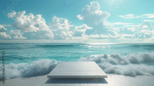 Imagine a product display platform on a beach, with waves gently lapping at the edge. The summer sky above sets a joyful mood for vacation promotions. photo