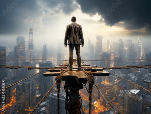 A man on a rustic wooden platform above a cityscape at dusk, concept of courage, Generative AI. Generative AI © Who is Danny