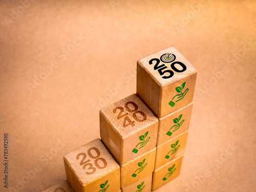 Net zero plan 2050. Reduce CO2 emissions reduction, limit climate change concept. 2050 years target icon on wood cube blocks growth graph steps with plant in hand symbol on recycle paper background.