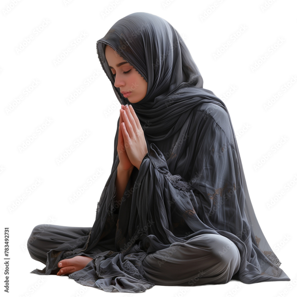 Islamic religious woman wearing hijab gesturing hands praying hopefully to God, good attitude and patience. Transparent background. Great for business, blog, web, design, advertising etc Islamic religious woman wearing hijab gesturing hands praying hopefully to God, good attitude and patience. Transparent background. Great for business, blog, web, design, advertising etc