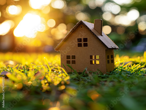 A cardboard model of a house placed on grass, with a bokeh light background, symbolizing the concept of home and environment. Generative AI © Who is Danny