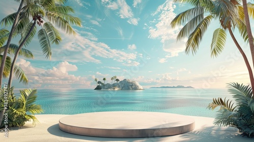 Imagine a summer sale display on a beach, where the podium is adorned with tropical motifs. The backdrop features a serene island, inviting travelers to explore paradise.
