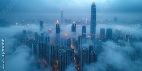 An aerial view of skyscrapers in the fog. Beautiful fog skyline. Calm atmosphere. Business wallpapers. Generative AI