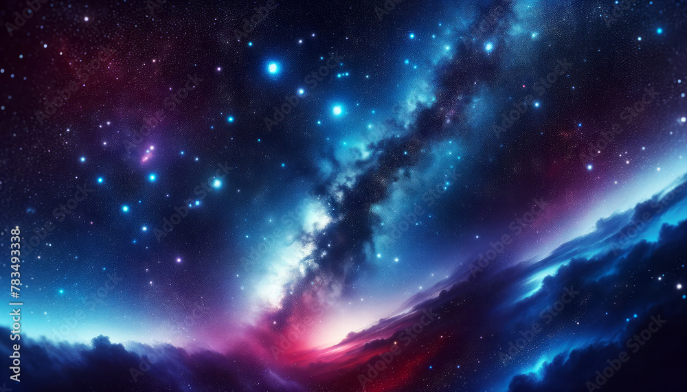 Naklejka premium A vibrant digital illustration of a cosmic galaxy with stars, nebulas, and a glowing aesthetic on a dark background, embodying a concept of space exploration. Generative AI