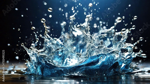 Water splashes and ripples on blue background