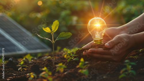 Green Energy Concept with Light Bulb and Leaves. A light bulb glowing with green leaves inside it, beautifully blending with natural foliage in the background, illustrates the concept of green energy	