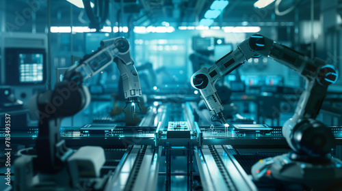 Industrial Robot Arm in a Manufacturing Facility. A robotic arm operates with precision on a factory floor, showcasing the integration of automation in modern manufacturing.	

