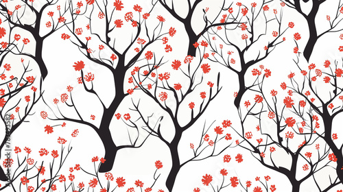 Stylized Trees with Red Blossoms on White Background 