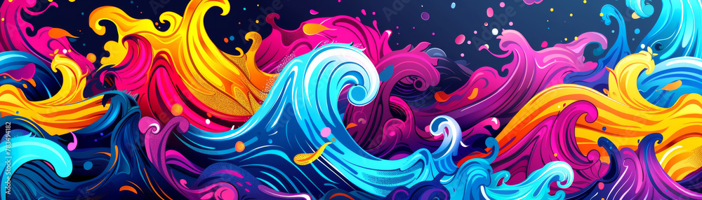 Colorful realistic cartoon waves and splashing for wallpaper, web page background, web banners