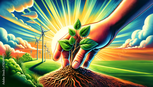 A hand nurturing a young plant with wind turbines in the background, depicting the harmony between human intervention and renewable energy for a sustainable future