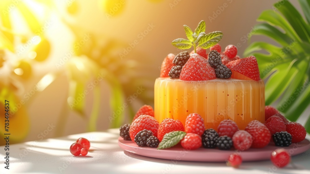 Fruit pudding Delicious and tempting strawberry mango grape berry fruit pudding positioned sideways in the background space Fruit pudding Delicious and tempting strawberry mango grape berry fruit pudding positioned sideways in the background space