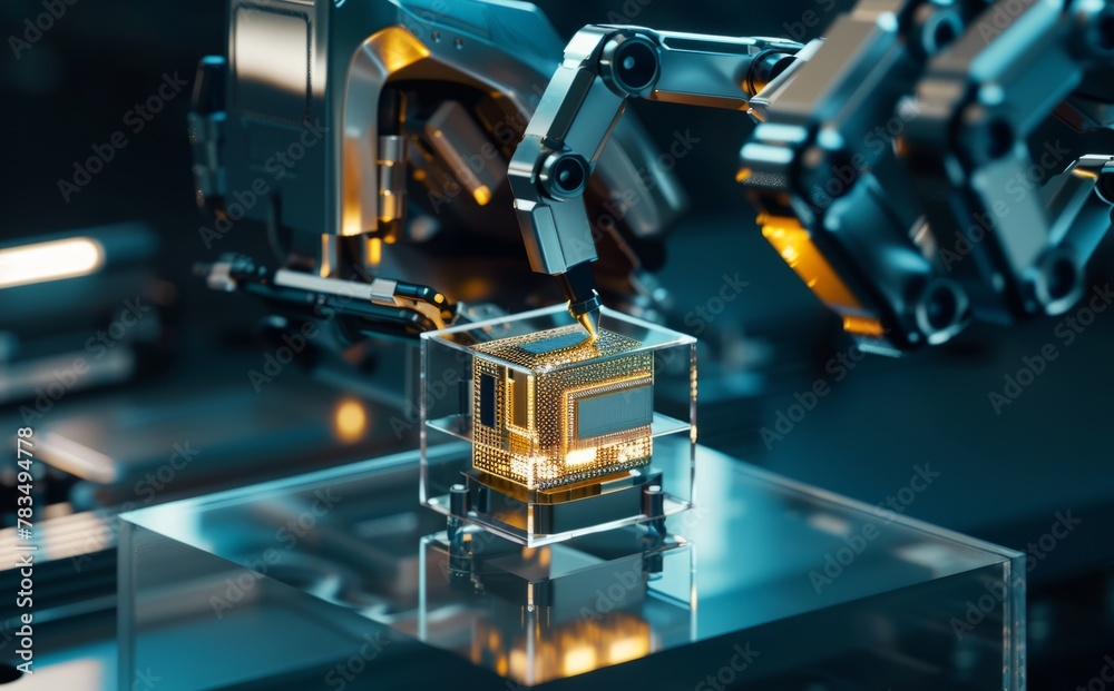 A close-up of an industrial robotic arm holding a cube glass box containing a microchip. A robotic arm holds a three-dimensional rendering of a cube of glowing microchips, blurring a futuristic labora A close-up of an industrial robotic arm holding a cube glass box containing a microchip. A robotic arm holds a three-dimensional rendering of a cube of glowing microchips, blurring a futuristic labora