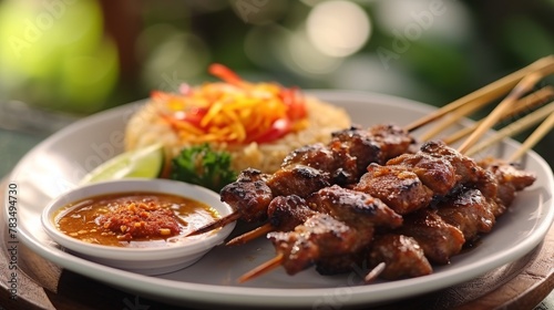 mutton satay beef chicken meat with peanut sauce and soy sauce grilled satay close up food photography