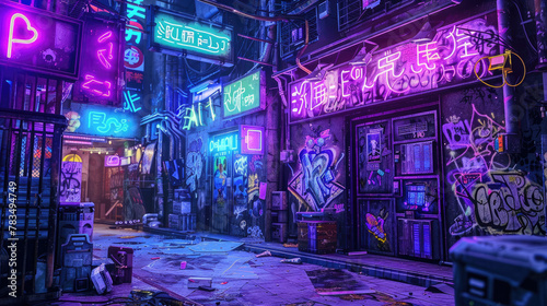 A cyberpunk street scene with graffiti-covered walls and neon signs