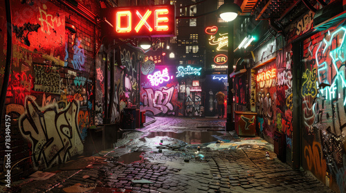 A cyberpunk street scene with graffiti-covered walls and neon signs