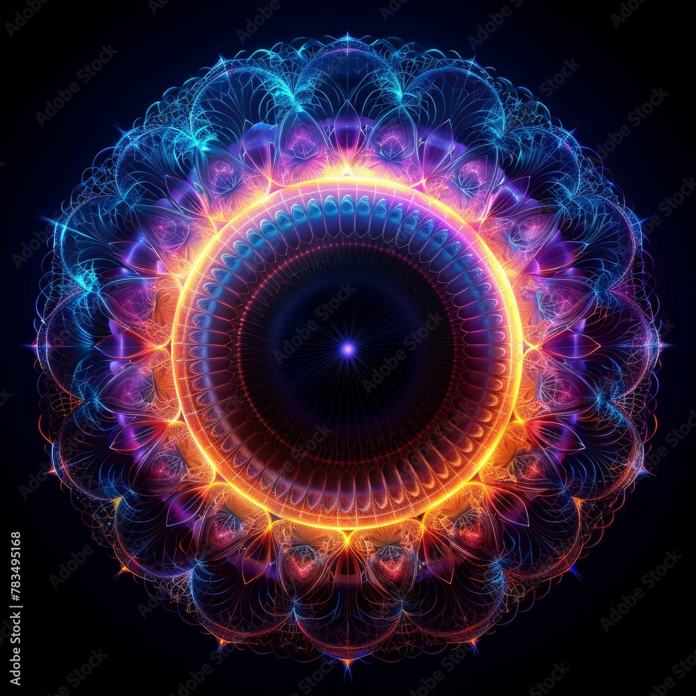 Electric blue and orange mandala with intricate patterns
Electric blue and orange mandala with intricate patterns