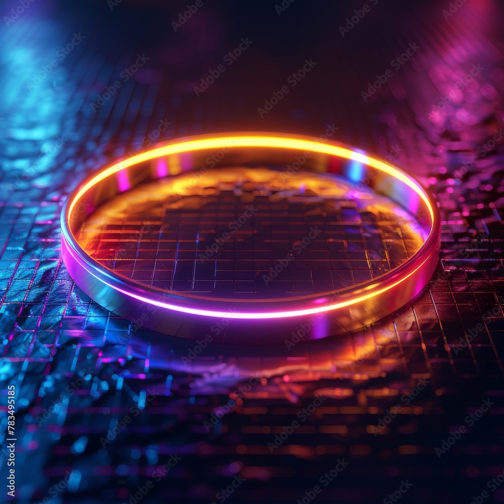 Luminous neon ring reflecting on textured grid surface Luminous neon ring reflecting on textured grid surface