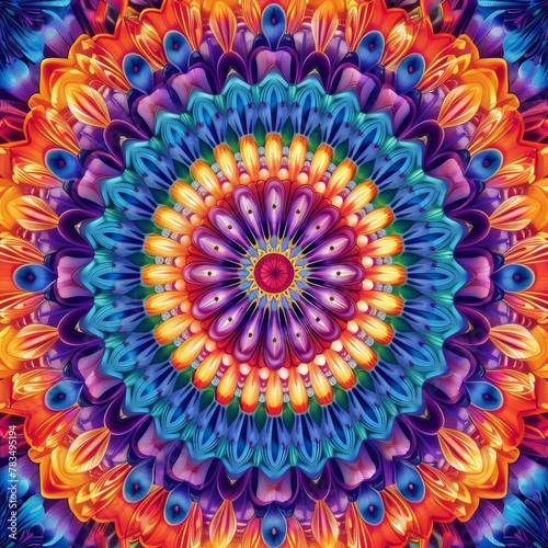Kaleidoscopic mandala with vibrant petal-like patterns
