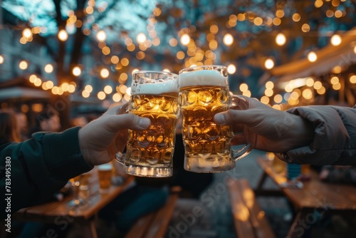 A dinner party in the outdoor courtyard with a group of friends from different nationalities - different young people sitting at tables in the bar, toasting with beer mugs in the bar garden - happy ho