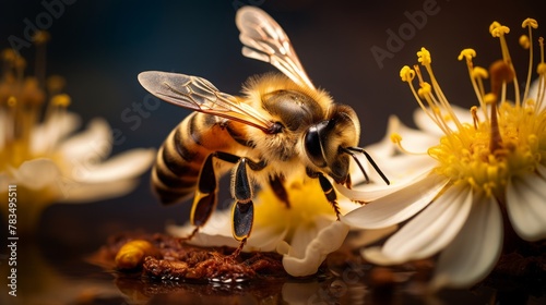 honey bee is sucking honey from a flower close up macro insect photo