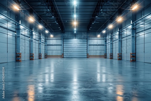 Roller door or roller shutter using for factory, warehouse or hangar. Industrial building interior consist of polished concrete floor and closed door for product display. generative ai. photo