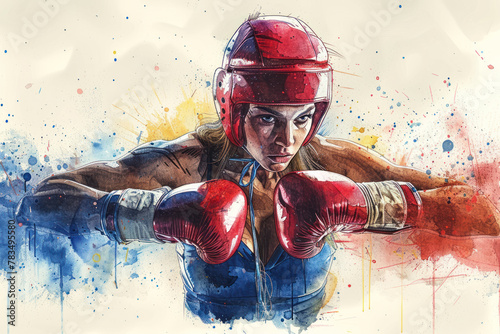 Female boxer athlete in colorful watercolor painting, Sport, competition
