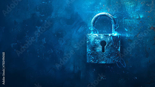 An illuminated padlock on a textured blue background, representing digital security concept. Generative AI photo