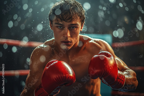 portrait of white young male boxer in red gloves fighting in boxing ring © alexkoral