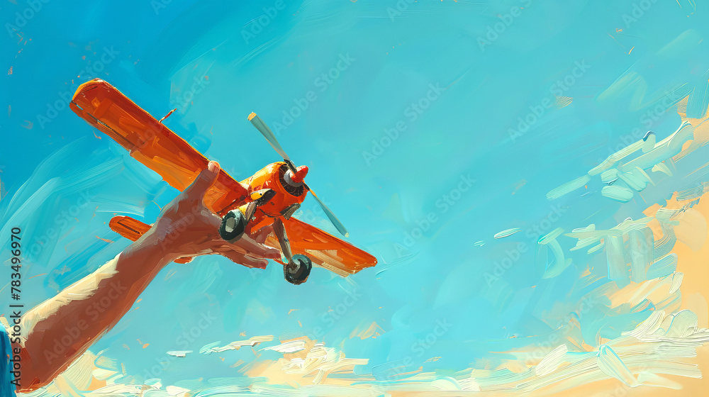 Obraz premium An illustration of a hand launching an orange biplane into a blue sky, artistic style, representing the concept of freedom and imagination. Generative AI