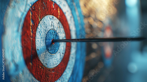 Close-up of an arrow hitting the bullseye on a dartboard with a blurred background, encapsulating the concept of success and precision, Generative AI. Generative AI