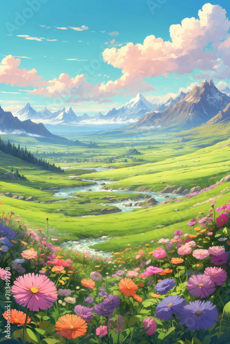 Valley of flowers and green grass during the day. In anime style