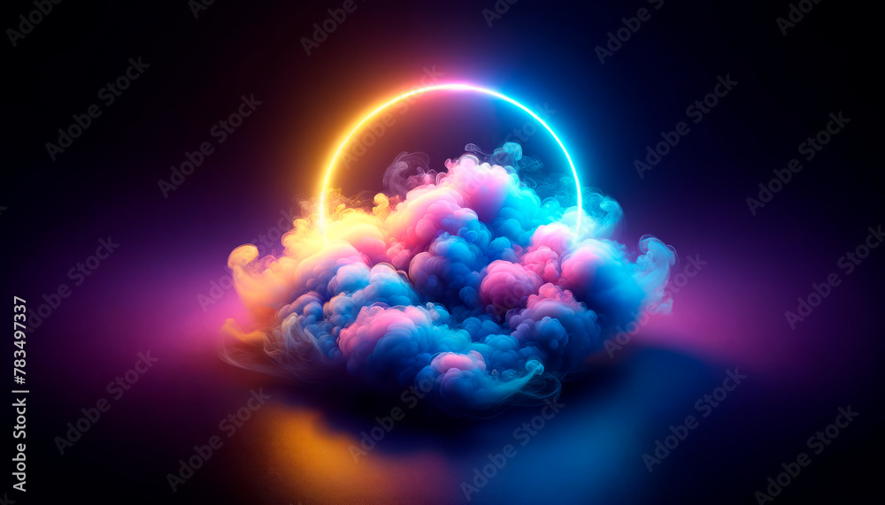 Obraz premium Colorful neon smoke clouds with a glowing arc on a dark background, concept of creativity. Generative AI