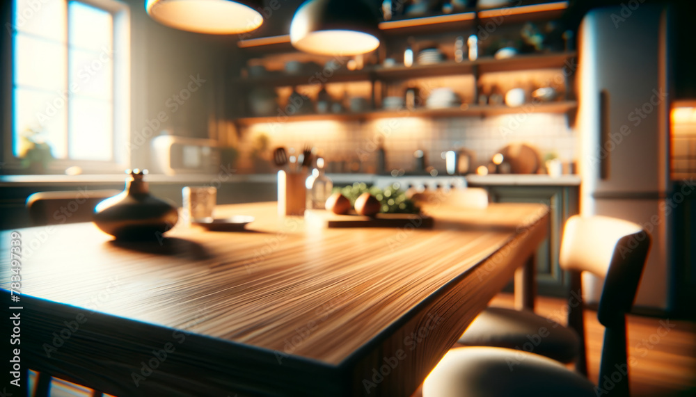 A blurred modern kitchen interior with wooden elements and warm light, concept of homeliness. Generative AI
