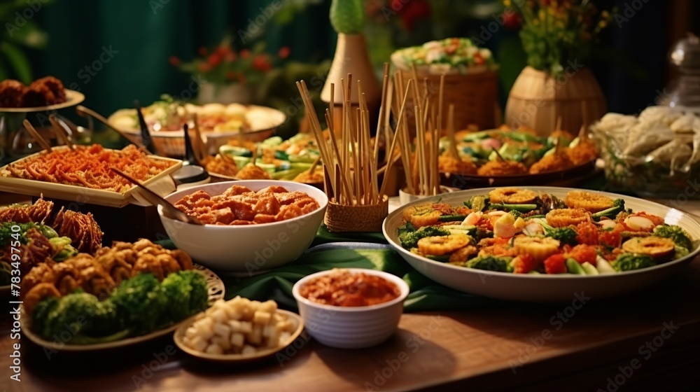 Variety of appetizers and snacks on a buffet table in a restaurant