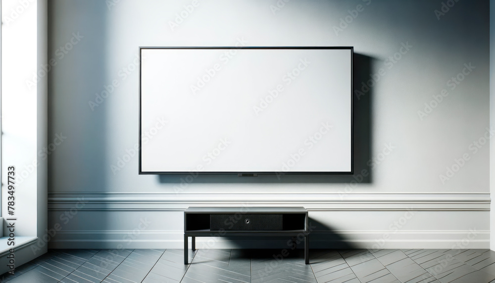 A blank display mounted on a wall above a modern TV cabinet in an interior space, ideal for branding mockups. Generative AI A blank display mounted on a wall above a modern TV cabinet in an interior space, ideal for branding mockups. Generative AI