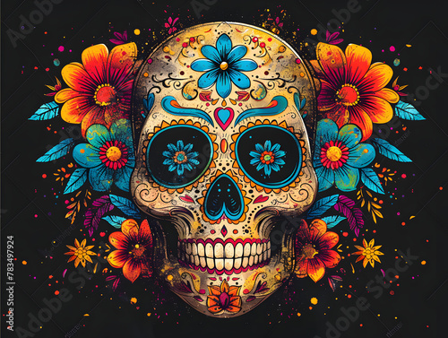 A skull is adorned with flowers, including red and orange roses and blue and green foliage. The background is black.