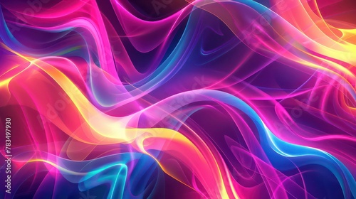 Colorful neon lines on black background, abstract digital backdrop for design and banner with copy space area.